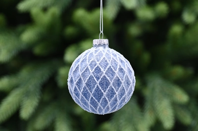8Cm Blue Glass Ball - White Glitter Diamond