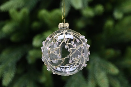 8Cm Clear Glass Ball-Glitter Floral Vines