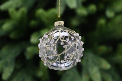 8Cm Clear Glass Ball-Glitter Floral Vines