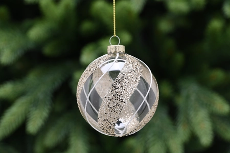 8Cm Clear Glass Ball - Gold Glitter/White Stripes