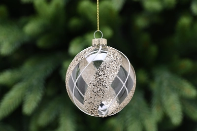 8Cm Clear Glass Ball - Gold Glitter/White Stripes
