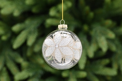 8Cm Clear Glass Ball - White/Gold Glitter Flower