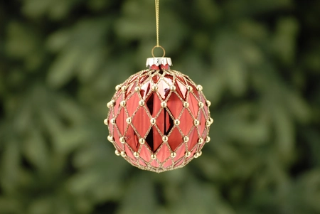 8Cm Red - Gold Glitter And Gems Segment Glass Ball