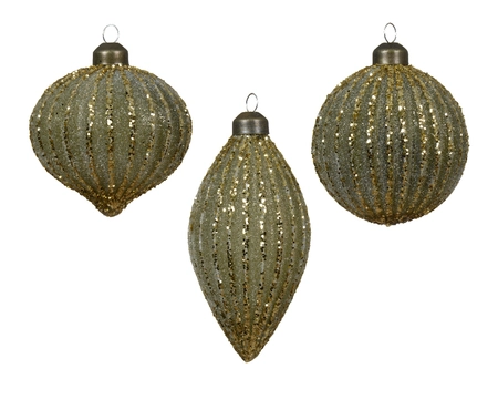 Bauble Glass W Glitter Lines 3Ass Green Dia8cm