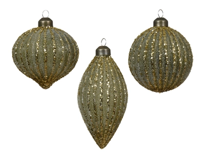 Bauble Glass W Glitter Lines 3Ass Green Dia8cm