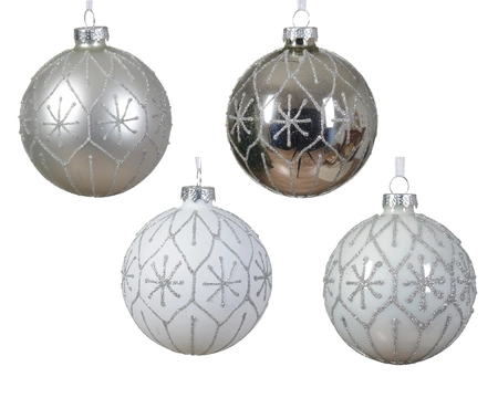 Bauble Glass W Silver Glitter Check And Speckles Asst. dia8cm