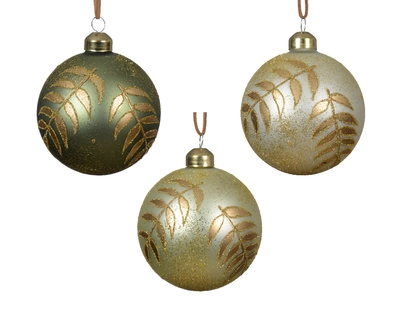 Bauble Glass W Sugar Finish W Leaves 3Col Ass Asst. Dia8cm