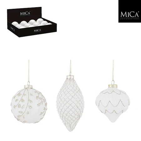 Bauble Glass White 3 Asst.  - D8Cm