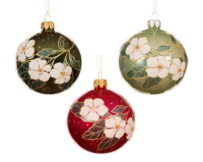 Bauble Glass White Flowers Asst. dia8cm