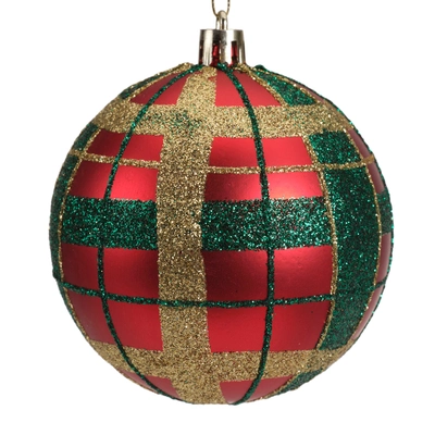 Bauble Shatterproof Gold - Green Check Glitter Christmas Red D.8cm - image 2