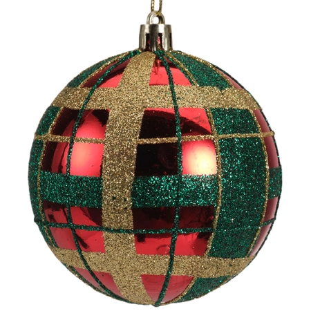 Bauble Shatterproof Gold - Green Check Glitter Christmas Red D.8cm - image 4