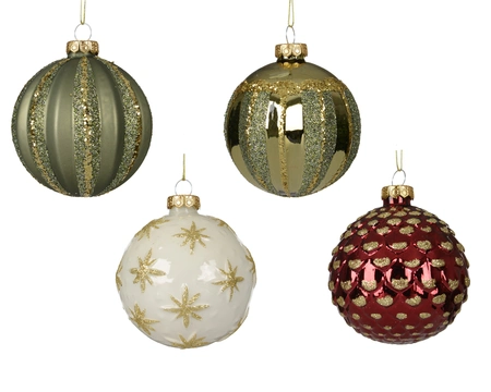 Baubles Glass Asst. D.8cm Green/White/Oxblood