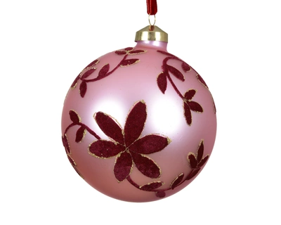Baubles Glass W Leaves velvet pink dia12cm