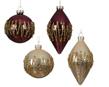 Baubles Glass With Gliter Swirls Asst. D.6.7cm x H.13cm Pearl/Oxblood