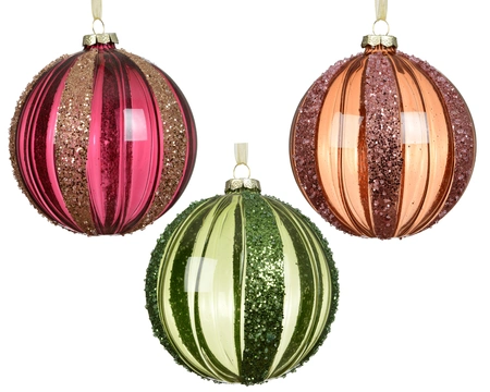 Baubles Glass With Plastic Bead Lines Asst. D.12cm Pink/Green/Gold