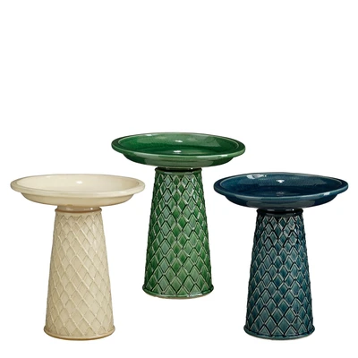 Bird Bath On Stand Cream Blue D. Green H60Xd50Cm