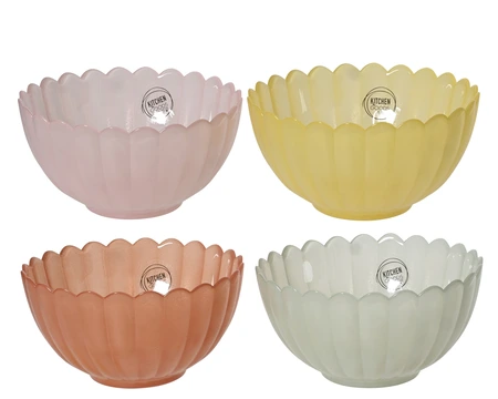 Bowl Gl Flower Milky Finish With Rib 4Col Asst. D.15.2Cm X H.8Cm