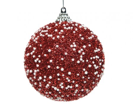 CE Foam Bauble W Glitter W Dots Red Dia8Cm