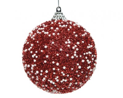 CE Foam Bauble W Glitter W Dots Red Dia8Cm