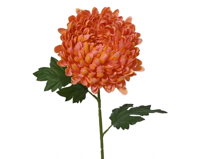 Chrysanthemum On Stem Polyester Striped Mum Spray W/2 Leaves Peach H.61Cm