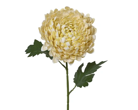 Chrysanthemum On Stem Polyester Striped Mum Spray W/2 Leaves Yellow H.61Cm