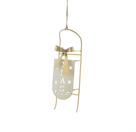 CN 19Cm Metal White Sleigh With Xmas And Gold Bow