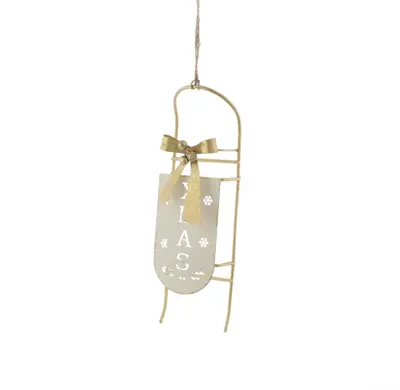 CN 19Cm Metal White Sleigh With Xmas And Gold Bow
