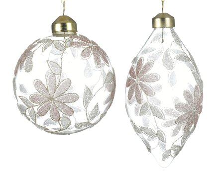 CN Bauble Glass Flower Design- Glitter 2Ass Clear