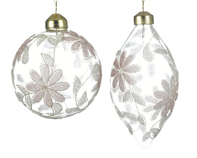 CN Bauble Glass Flower Design- Glitter 2Ass Clear