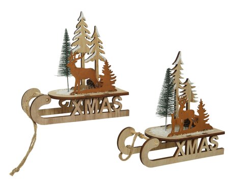 CN Sled Plywood Iron Scenery With Tree And Reindeer 2Ass Rust