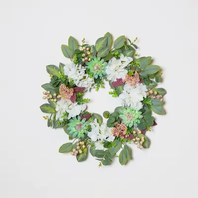 Cream Hydrangea,Succulent, Berry Wreath 60Cm