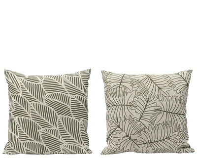 Cushion Poly Cotton Square Leaf Pattern Green/White  W.45Cm X H.45Cm