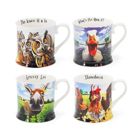 Eoin O'Connor Beyond the Herd - S/4 Tankards (Duck, Owls, Hens, Donkey) -