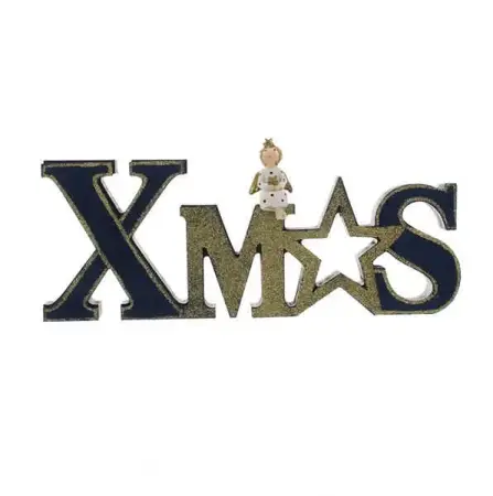 FL 24Cm Wooden Dark Navy/ Gold Xmas With Angel Sign