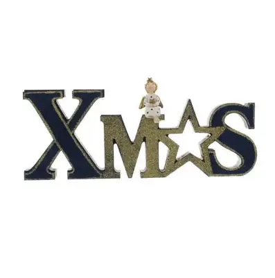 FL 24Cm Wooden Dark Navy/ Gold Xmas With Angel Sign