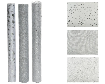 FL Deco Fabric Polyester Glitter- Foil Mesh- Organza 3Ass Silver
