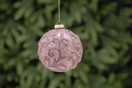 LVR 10Cm Dark Pink Flocked Swirls Glass Ball