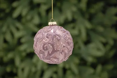 LVR 10Cm Dark Pink Flocked Swirls Glass Ball