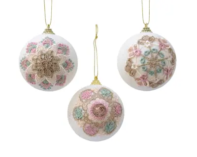 LVR Bauble Foam Glitter Flower Lace 3Ass Wool White
