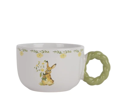 Mug Stoneware Round Bunny Pattern, Color Ear White H.7.5Cm
