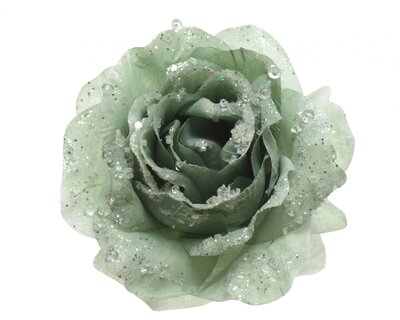 NG Pes Rose On Clip With Glitter Sage Green Dia14X8.5Cm