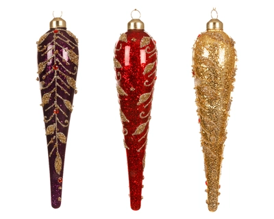 Ornament Glass W Glitter- Leaves- Diamonds Asst. H18.50cm