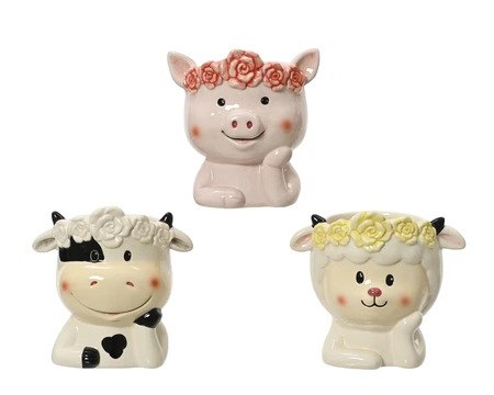 Planter Dolomite Pig,Cow,Sheep Shiny Flowers 3 Asst H.12.5Cm