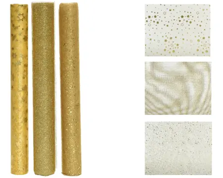 STC Deco Fabric Polyester Glitter- Foil Mesh- Organza 3Ass Gold