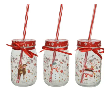 STC Drinking Jar Glass Clear Tinplate Lid W Snowflake Red Satin Ribbon 3Ass