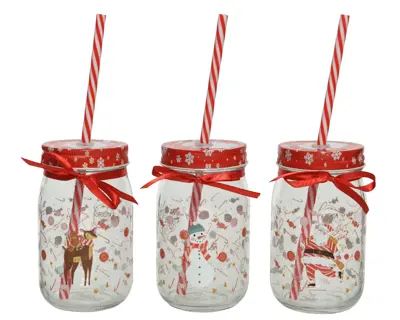 STC Drinking Jar Glass Clear Tinplate Lid W Snowflake Red Satin Ribbon 3Ass