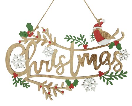 STC Hanger Plywood Figure W Snowfalkes - Bird - Text Christmas Multi