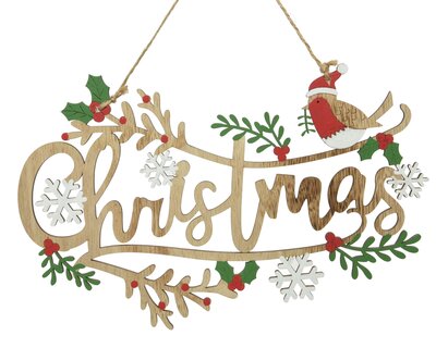 STC Hanger Plywood Figure W Snowfalkes - Bird - Text Christmas Multi