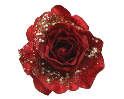 STC Rose Rose On Clip Polyester Pearls- Glitters Christmas Red