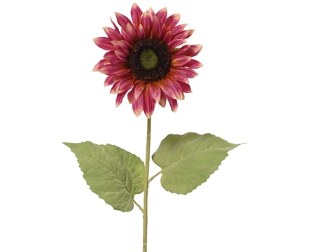 Sunflower On Stem Polyester Spray W/ 2 Leaves Coral H.74Cm